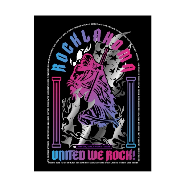 Poster featuring a hooded rocker with guitar, surrounded by flames, “Rocklahoma 2025” and “United We Rock” in bold neon text.