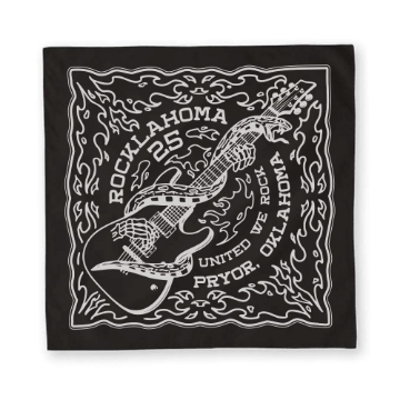 Black bandana featuring a skeletal hand holding a guitar, surrounded by flames, with “Rocklahoma 25” and “United We Rock” text.