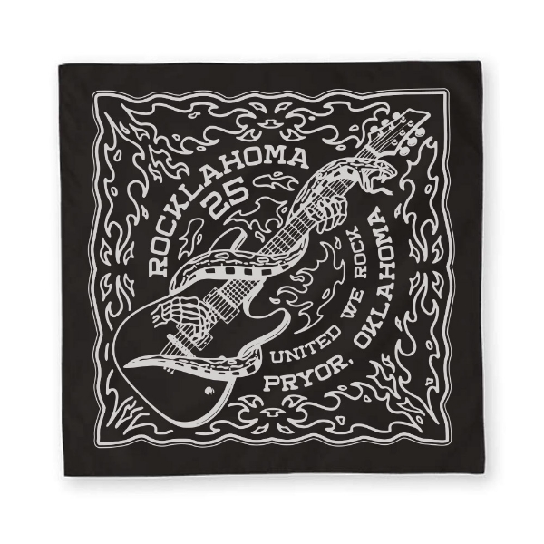 Black bandana featuring a skeletal hand holding a guitar, surrounded by flames, with “Rocklahoma 25” and “United We Rock” text.