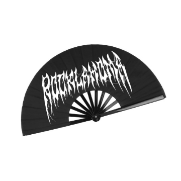 Black folding fan with jagged white Rocklahoma logo in metal-style lettering, open in a half-circle against a white background.