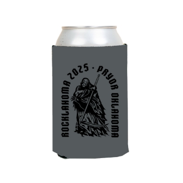 Gray can koozie featuring a black grim reaper illustration with “Rocklahoma 2025” and “Pryor Oklahoma” text wrapped around the design.