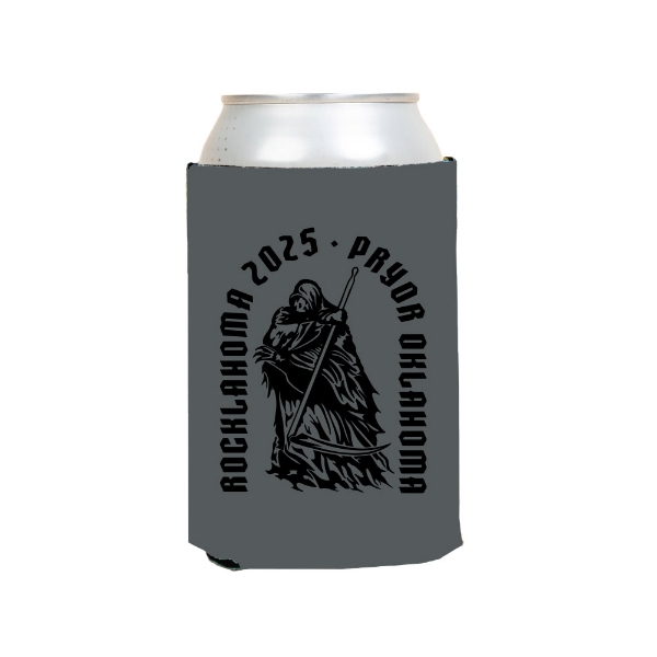 Gray can koozie featuring a black grim reaper illustration with “Rocklahoma 2025” and “Pryor Oklahoma” text wrapped around the design.