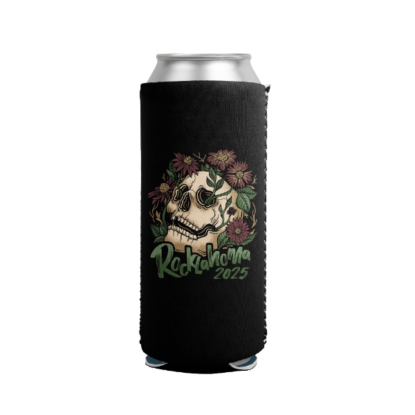 Black slim can koozie with a floral skull design and “Rocklahoma 2025” text in green, featuring blooming purple flowers and green vines.