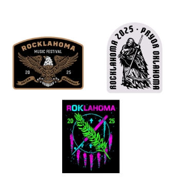 Three Rocklahoma 2025 decals: one with an eagle crest logo, one with a grim reaper illustration, and one with neon feathers and palm art in a dreamcatcher layout.
