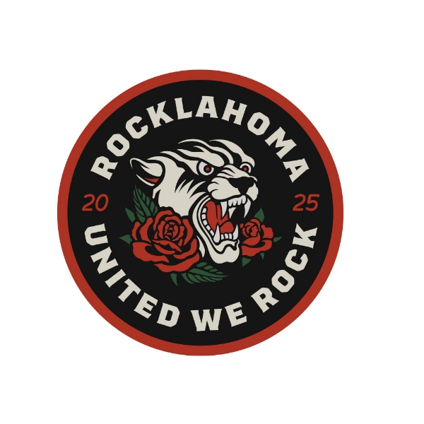 Circular embroidered patch with a roaring white tiger, red roses, and bold text reading “Rocklahoma 2025 – United We Rock” on a black background with red border.
