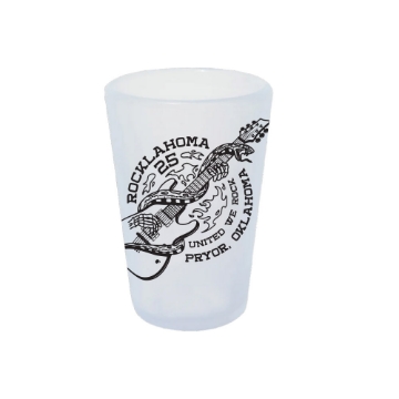 Frosted shot glass with a skeleton hand holding a guitar and flames in the background, along with “Rocklahoma 2025” and “United We Rock – Pryor, Oklahoma” text.