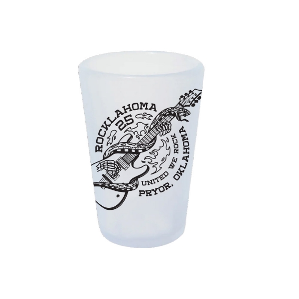 Frosted shot glass with a skeleton hand holding a guitar and flames in the background, along with “Rocklahoma 2025” and “United We Rock – Pryor, Oklahoma” text.