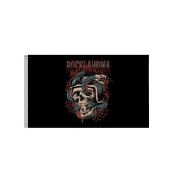 Black flag featuring a skull in a motorcycle helmet with goggles, wrapped in a coiled snake and framed by red flames and spiderwebs. “Rocklahoma” text above.