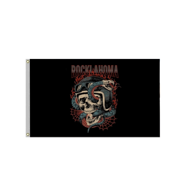 Black flag featuring a skull in a motorcycle helmet with goggles, wrapped in a coiled snake and framed by red flames and spiderwebs. “Rocklahoma” text above.