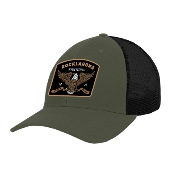 Olive green and black mesh trucker hat with Rocklahoma 2025 eagle crest patch.