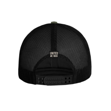 Olive green and black mesh trucker hat with Rocklahoma 2025 eagle crest patch.