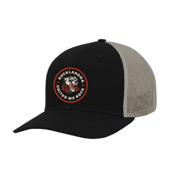 Black and gray trucker hat with circular Cougar and roses patch labeled “Rocklahoma 2025 – United We Rock.”