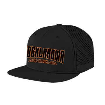 Black flat bill trucker hat with orange “Rocklahoma” text and “Pryor, Oklahoma 2025” below; side panels feature black perforated mesh.