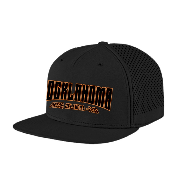 Black flat bill trucker hat with orange “Rocklahoma” text and “Pryor, Oklahoma 2025” below; side panels feature black perforated mesh.