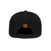 Rear view of black mesh snapback hat with small orange tag that reads “United We Rock” above the adjustable strap.
