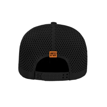 Black flat bill trucker hat with orange “Rocklahoma” text and “Pryor, Oklahoma 2025” below; side panels feature black perforated mesh.