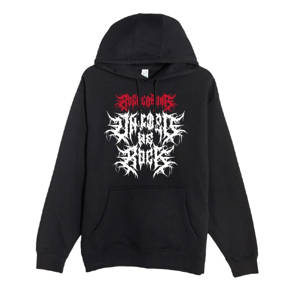 Black hoodie with red and white jagged death-metal style text that reads “Rocklahoma” and “United We Rock” in stacked formation.