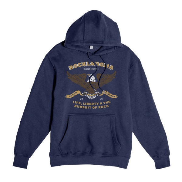 Navy pullover hoodie featuring a gold and tan eagle crest holding a guitar neck, with “Rocklahoma Music Festival – Life, Liberty & the Pursuit of Rock – 2025” in bold lettering.