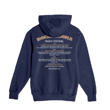 Navy pullover hoodie featuring a gold and tan eagle crest holding a guitar neck, with “Rocklahoma Music Festival – Life, Liberty & the Pursuit of Rock – 2025” in bold lettering.