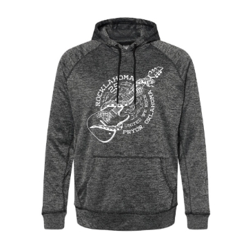 Heather charcoal performance hoodie with a white design featuring a skeletal hand gripping a guitar wrapped in a serpent, surrounded by flames and “Rocklahoma 2025 – United We Rock – Pryor, Oklahoma” text.