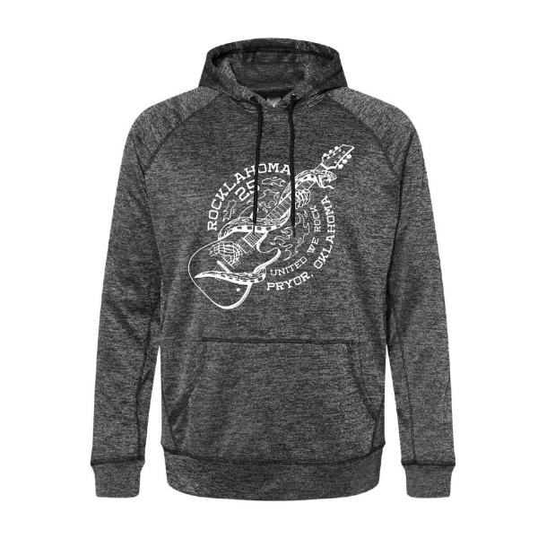 Heather charcoal performance hoodie with a white design featuring a skeletal hand gripping a guitar wrapped in a serpent, surrounded by flames and “Rocklahoma 2025 – United We Rock – Pryor, Oklahoma” text.