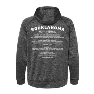 Heather charcoal performance hoodie with a white design featuring a skeletal hand gripping a guitar wrapped in a serpent, surrounded by flames and “Rocklahoma 2025 – United We Rock – Pryor, Oklahoma” text.