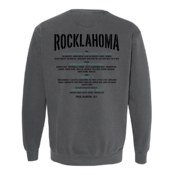 Charcoal gray crewneck sweatshirt with a graphic of a skull in a biker helmet and goggles, wrapped in a red and green snake, surrounded by flames and spiderwebs. “Rocklahoma” text in red above.