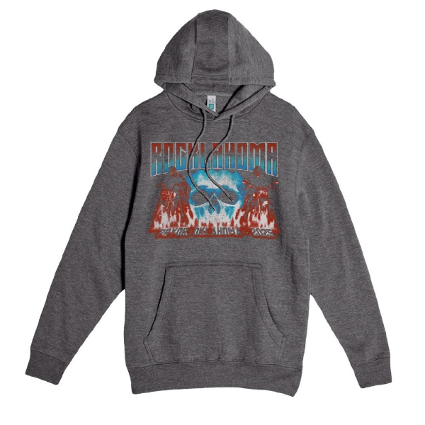 Charcoal gray hoodie with a blue skull wearing goggles, surrounded by flames, motorcyclists, and large block lettering that reads “Rocklahoma” above and “Pryor, Oklahoma 2025” below.