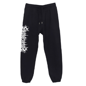 Black jogger sweatpants with a white vertically stacked Rocklahoma death-metal font running down the left leg; features an elastic waistband and cuffs.