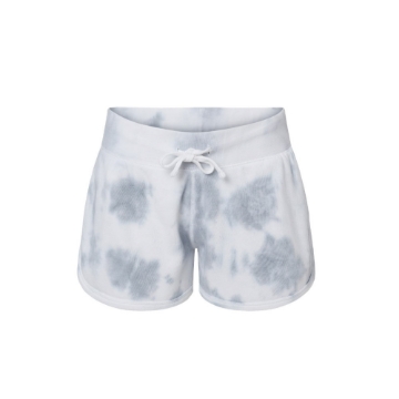 Back view of white and gray tie-dye fleece shorts featuring bold “Rockstar Pillows – Rocklahoma 2025” graphic printed across the seat.