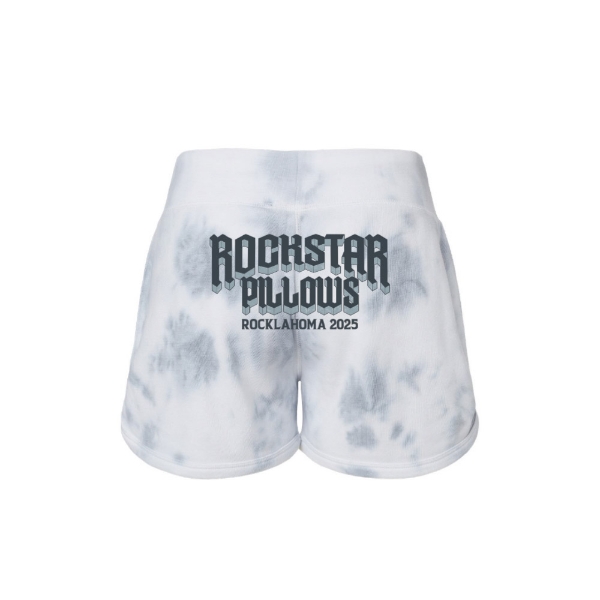 Back view of white and gray tie-dye fleece shorts featuring bold “Rockstar Pillows – Rocklahoma 2025” graphic printed across the seat.