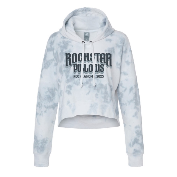 Front view of the Rockstar Pillows Crop Hoodie in white and gray tie-dye with “Rockstar Pillows – Rocklahoma 2025” text.