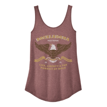 Sleeveless maroon festival tank top with Rocklahoma 2025 eagle design and “Life, Liberty & the Pursuit of Rock” text