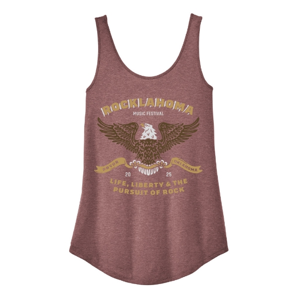 Sleeveless maroon festival tank top with Rocklahoma 2025 eagle design and “Life, Liberty & the Pursuit of Rock” text