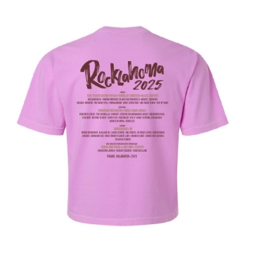 Front view of pink crop tee featuring a floral skull and "Rocklahoma 2025" graphic.