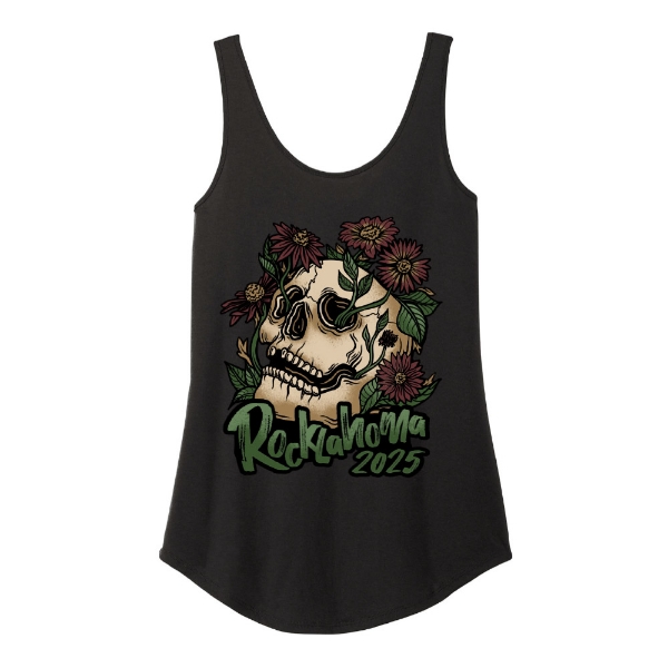 Front of black Rocklahoma tank top with skull and flowers graphic and “Rocklahoma 2025” text.