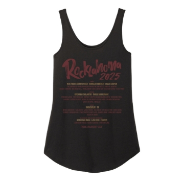 Front of black Rocklahoma tank top with skull and flowers graphic and “Rocklahoma 2025” text.