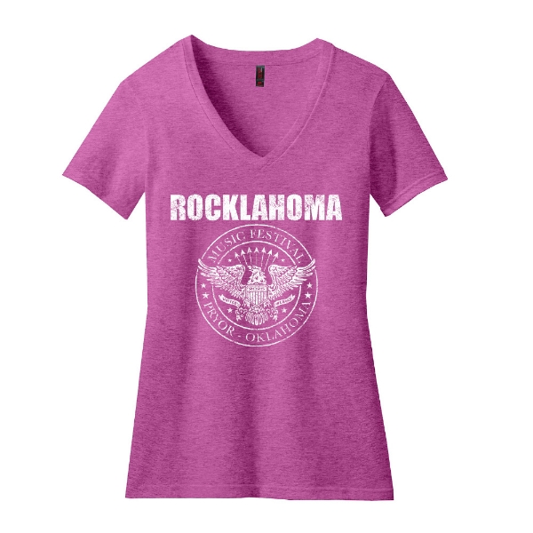 Front of Rocklahoma Crest Tee in pink with white festival eagle seal graphic