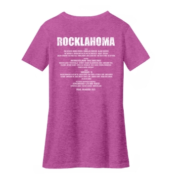 Front of Rocklahoma Crest Tee in pink with white festival eagle seal graphic