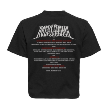 Black cropped t-shirt with white octopus and skull graphic and red “Rocklahoma” text