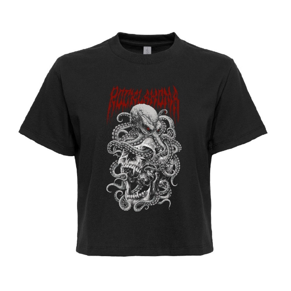 Black cropped t-shirt with white octopus and skull graphic and red “Rocklahoma” text