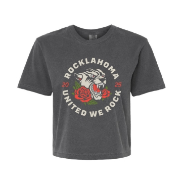Charcoal crop top featuring a roaring white Cougar and red roses with "Rocklahoma United We Rock 2025" graphic.