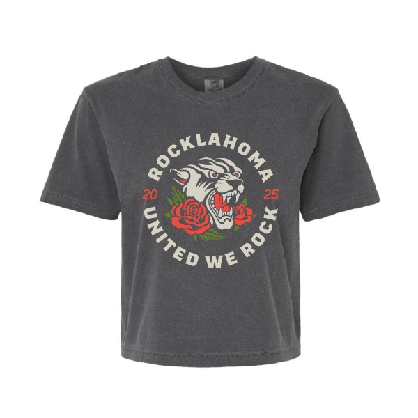 Charcoal crop top featuring a roaring white Cougar and red roses with "Rocklahoma United We Rock 2025" graphic.