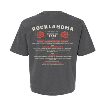 Charcoal crop top featuring a roaring white Cougar and red roses with "Rocklahoma United We Rock 2025" graphic.