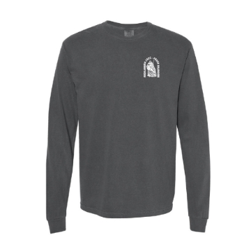 Front of black Rocklahoma Reaper Long Sleeve with small white reaper emblem on left chest