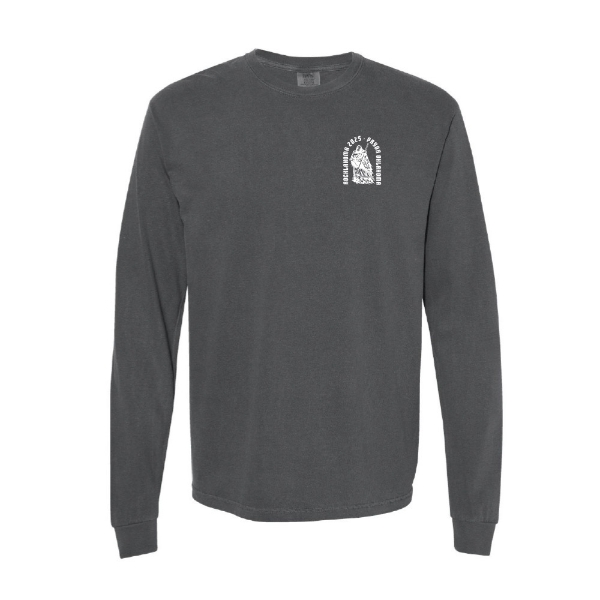 Front of black Rocklahoma Reaper Long Sleeve with small white reaper emblem on left chest