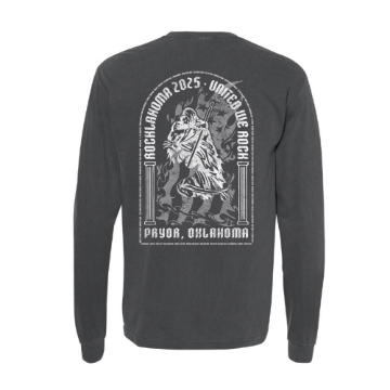 Front of black Rocklahoma Reaper Long Sleeve with small white reaper emblem on left chest