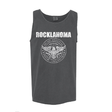 Charcoal gray tank top with white Rocklahoma seal and text on front