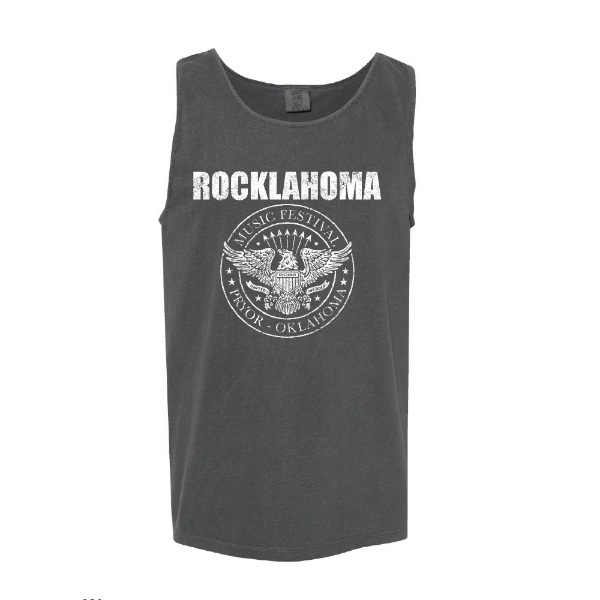 Charcoal gray tank top with white Rocklahoma seal and text on front