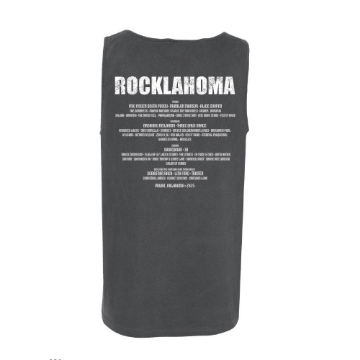 Charcoal gray tank top with white Rocklahoma seal and text on front